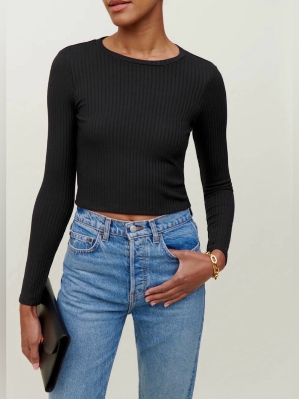 REFORMATION JEANS Jackie Crop Top Long Sleeve Ribbed Black Size S